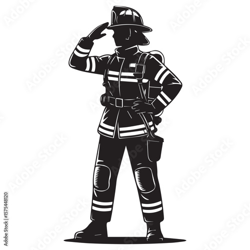Silhouette of a firefighter in uniform wearing a helmet and saluting ready for duty and service