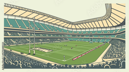Rugby stadium illustration with crowd and field for sports event venue and game day excitement and atmosphere