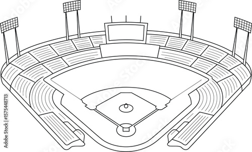Baseball stadium outline illustration features a field, seating, and lighting structures.