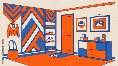 Stylish interior design illustration with closet, shoes, jacket and modern furniture art decor