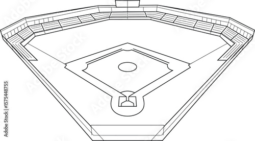 Baseball stadium outline illustration, a detailed line drawing of a sports venue design.
