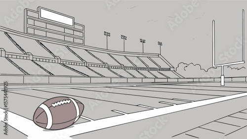 American football stadium illustration with field, goalpost, and football sports drawing design