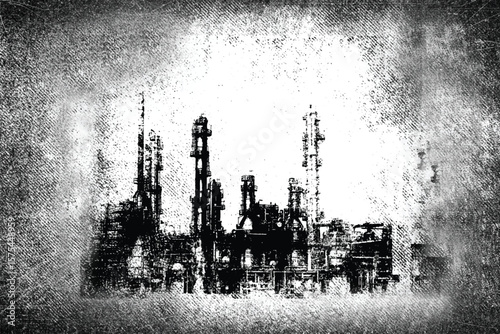 Industrial landscape with buildings and chimneys of the factory. Grunge scratch background. Black and white colors illustration	
