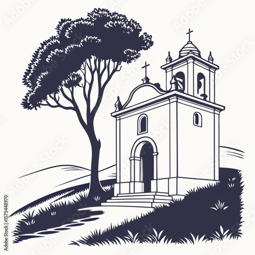Illustration of a small church with a bell tower next to a tree on a grassy hill in black and white style