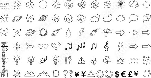 Сollection of various black doodle elements, manga-style illustration pictogram icon set. EPS 10 version.