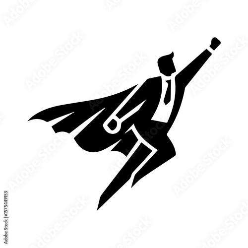 Human businessman as flying superhero - simple black silhouette with cape on transparent background. People empowerment concept showing heroic leadership and upward growth. Modern minimalist human