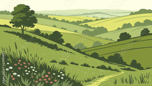 Landscape illustration of rolling green hills with flowers and trees vector art background for design