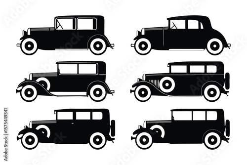 Art Deco Era Automobiles: A set of vector silhouettes showcases art deco era automobile designs, capturing the elegance and distinct style of the 1930s.