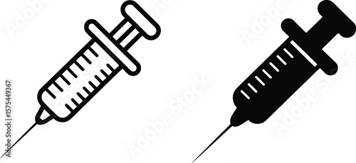 Two syringe icons, one outline and one solid, represent medical injections and healthcare.