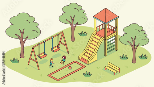 Explore the fun playground with slide swings and sandbox kids playing outdoor activity in the park illustration