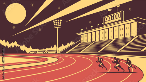 Track and field running race at night stadium competition athletics sport runners sprint finish line speed 100m