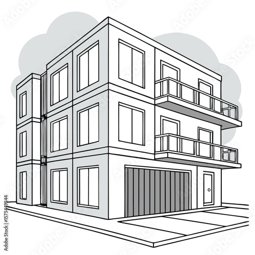 Illustration of a three story building with balconies and a garage in black and white outline style