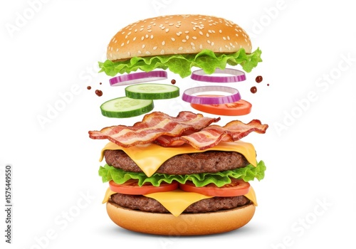 Exploded view of a double hamburger isolated on white background