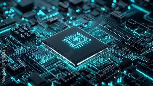 Electronic circuit board with a glowing microprocessor during late evening in a technology lab
