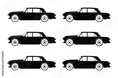 Classic Car Silhouettes: Six sleek classic car silhouettes, rendered in simple black against a white background. Perfect for vintage design projects.