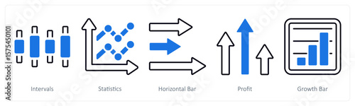A set of 5 mix icons as intervals, statistics, horizontal bar