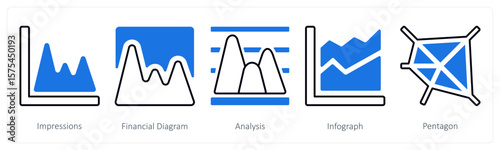 A set of 5 mix icons as impressions, financial diagram, analysis
