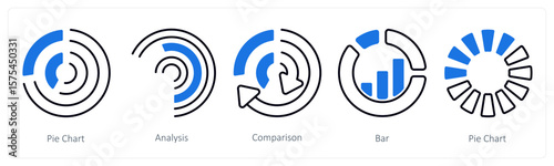 A set of 5 mix icons as pie chart, analysis, comparison