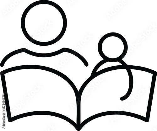 Adult and Child Reading Together, Open Book, Simple Line Art Illustration, Educational Concept, Family Bonding, Literacy Promotion, Childhood Development,...