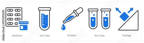 A set of 5 mix icons as medicine, test tube, dropper