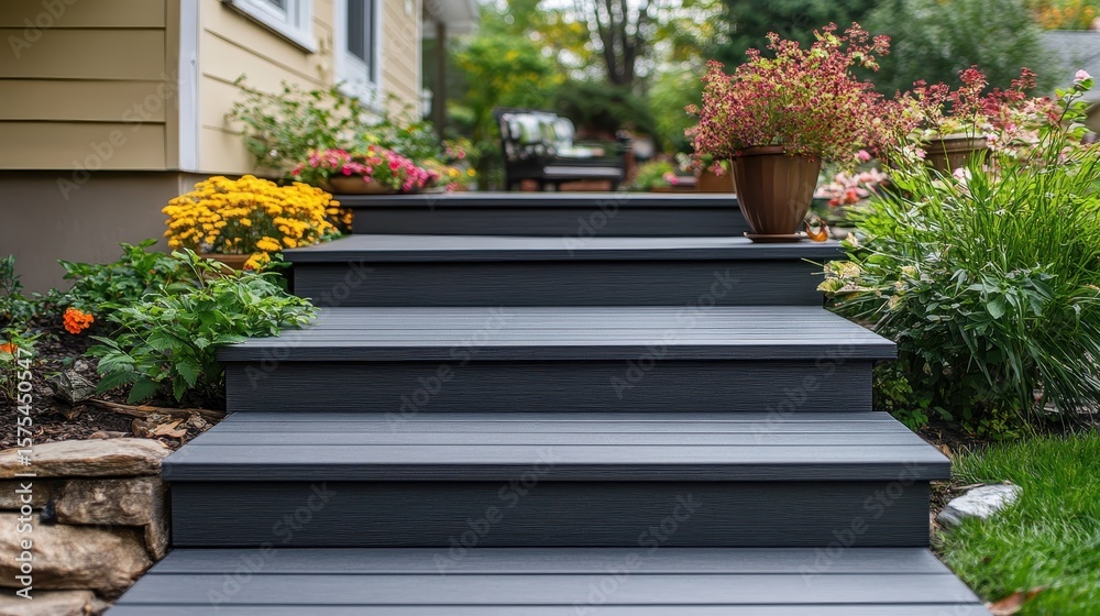Fototapeta premium Dark grey composite steps leading to a house with garden flowers. Use in home improvement, design, or landscaping themed projects.