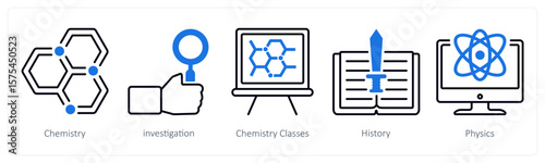 A set of 5 mix icons as chemistry, investigation, chemistry classes