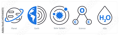 A set of 5 mix icons as planet, earth, solar system