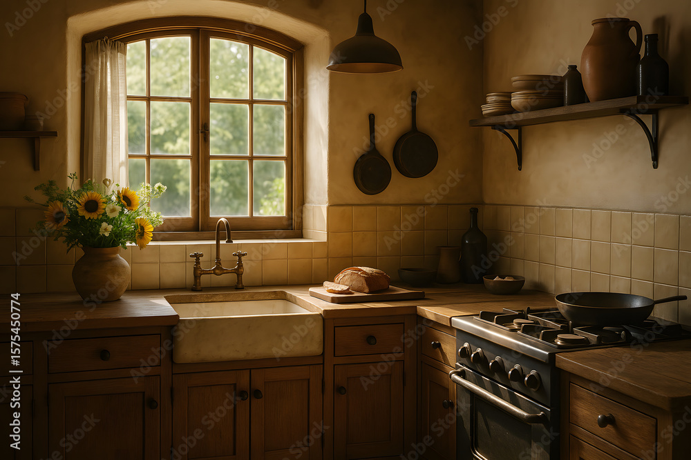 Fototapeta premium Rustic Farmhouse Kitchen with Sunflowers, Breadboard, and Sunlit Sink Area in Cozy Home Setting