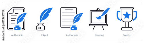 A set of 5 mix icons as authorship, inkpot, drawing