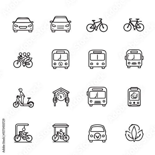 Depiction of various modes of transportation and structures set of icon