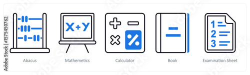 A set of 5 mix icons as abacus, mathematics, calculator