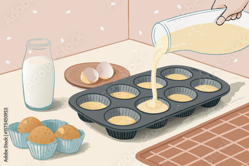 Wonderful Soft Muffin Tray with Batter Being Pour - Vibrant and Dynamic Visual Story Suitable for We