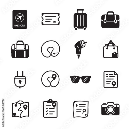 Collection of travel related items in a graphic display set of icon