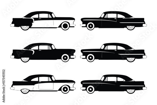 Classic Car Collection: An elegant array of classic cars, each rendered in a sleek, minimalist style with a striking combination of black and white, symbolizing an era of automotive design and style.