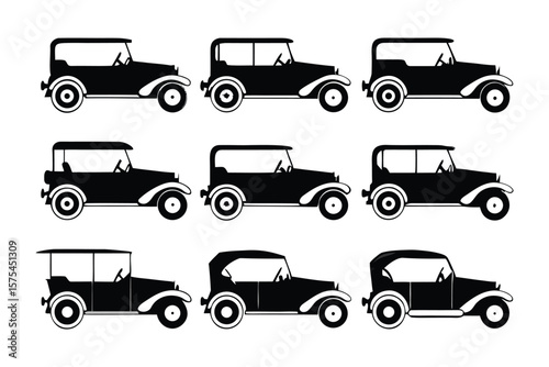 Vintage Car Silhouette: An array of classic, black vintage car silhouettes, capturing the iconic designs of a bygone era, offering a glimpse into automotive history.