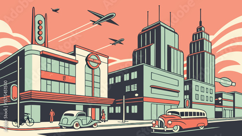 Retro cityscape with buildings, cars, airplanes, and people in a vintage art deco style illustration
