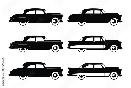 Classic Vintage Car Silhouettes: A set of stylish vintage cars in silhouette, showcasing the timeless design of classic automobiles. Perfect for design projects and automotive themes.