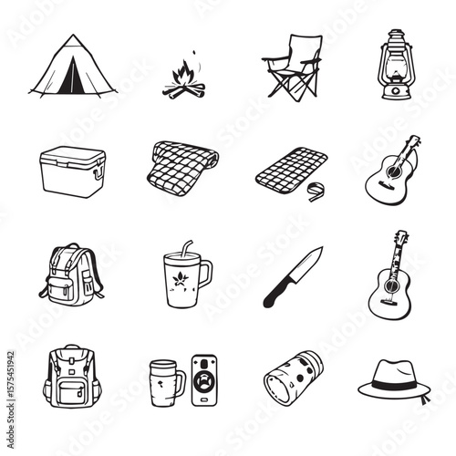 Assorted monochrome camping and outdoor themed line drawings set of icon