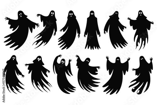 Black ghost silhouettes with varied poses spooky halloween