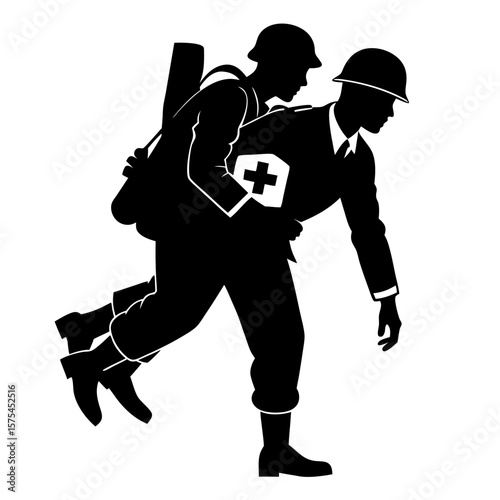 Black silhouette of a world war ii battlefield medic in action