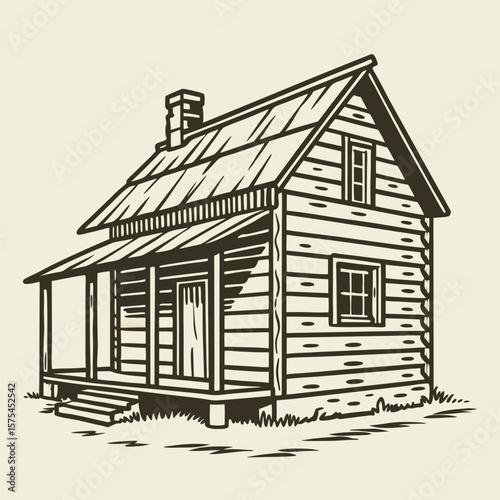 Illustration of a rustic log cabin with a porch, chimney, and windows in a vintage style drawing