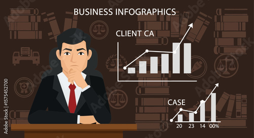 Legal Professionals Analyzing Client Cases and Business Infographics Backgrounds