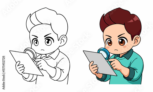 Businessman searching document using magnify glass coloring page for kids
