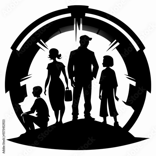 Family silhouette seeking refuge in a secure underground bomb shelter