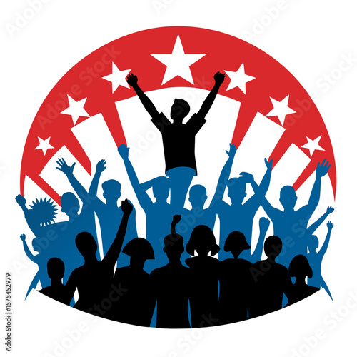 Silhouette of a cheering crowd celebrating a victory or holiday event