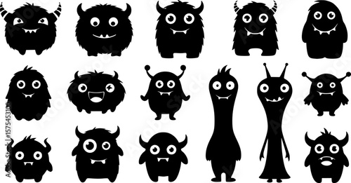 black ink drawing of cute monsters, different shapes and sizes, white background, whimsical, vector art