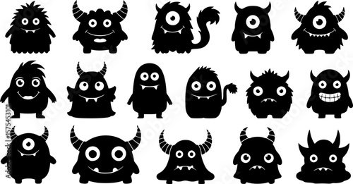 black ink drawing of cute monsters, different shapes and sizes, white background, whimsical, vector art