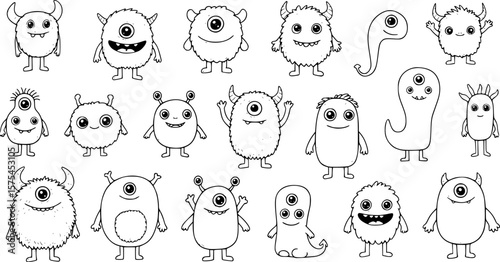 black ink drawing of cute monsters, different shapes and sizes, white background, whimsical, vector art