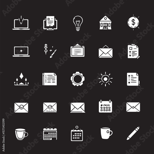 Collection of assorted white business symbols on black set of icon