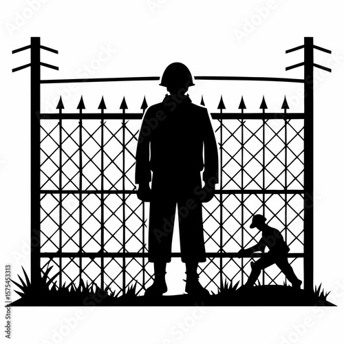 Silhouette of a war prisoner behind a barbed wire fence